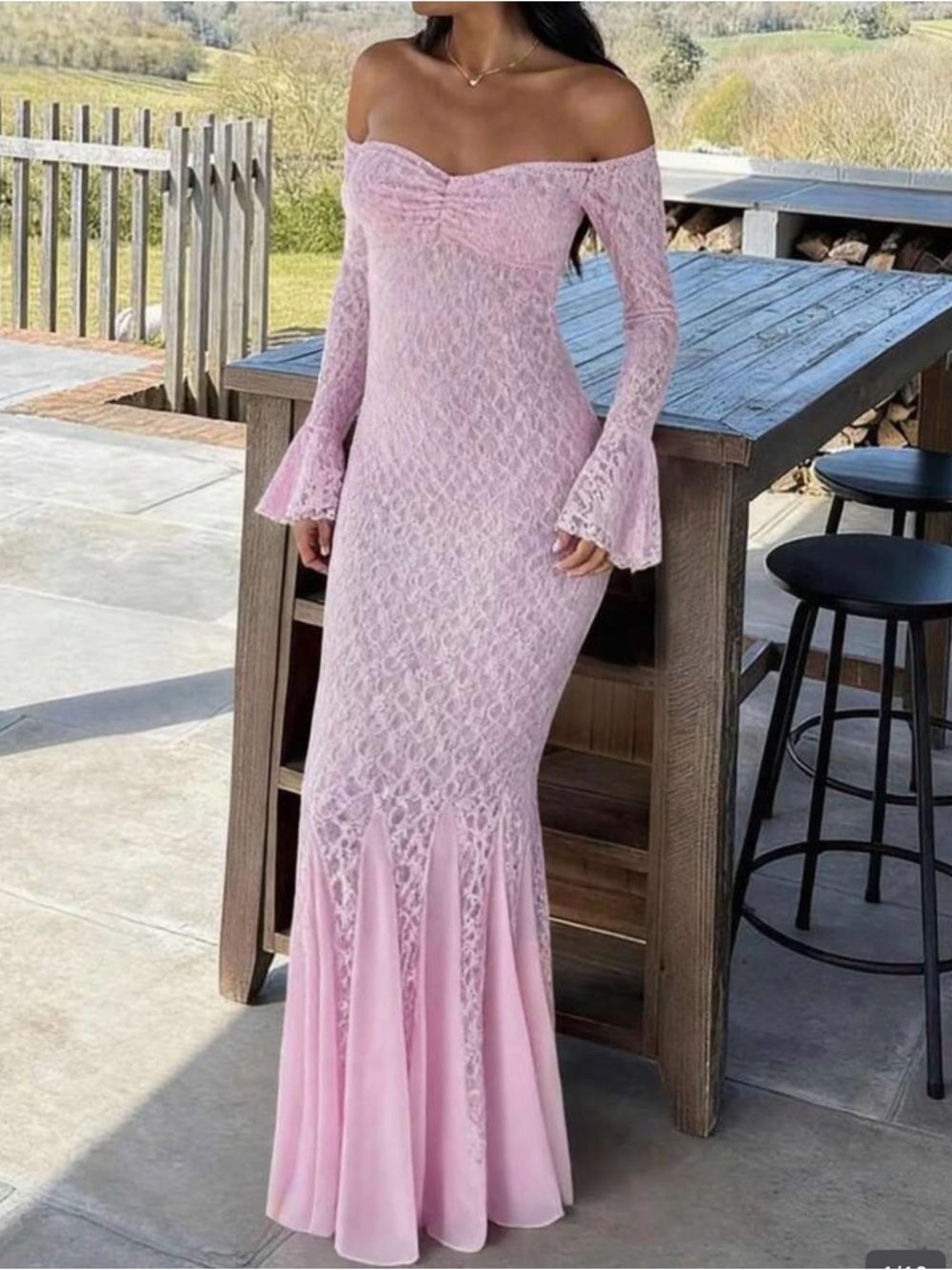 SHEIN Pink Off- Shoulder Lace Mermaid Gown